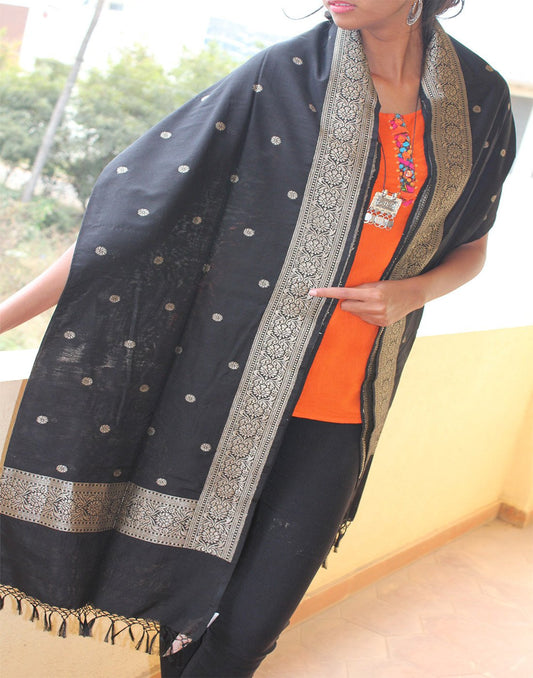 Black Banarasi Dupion Dupatta with small buttis