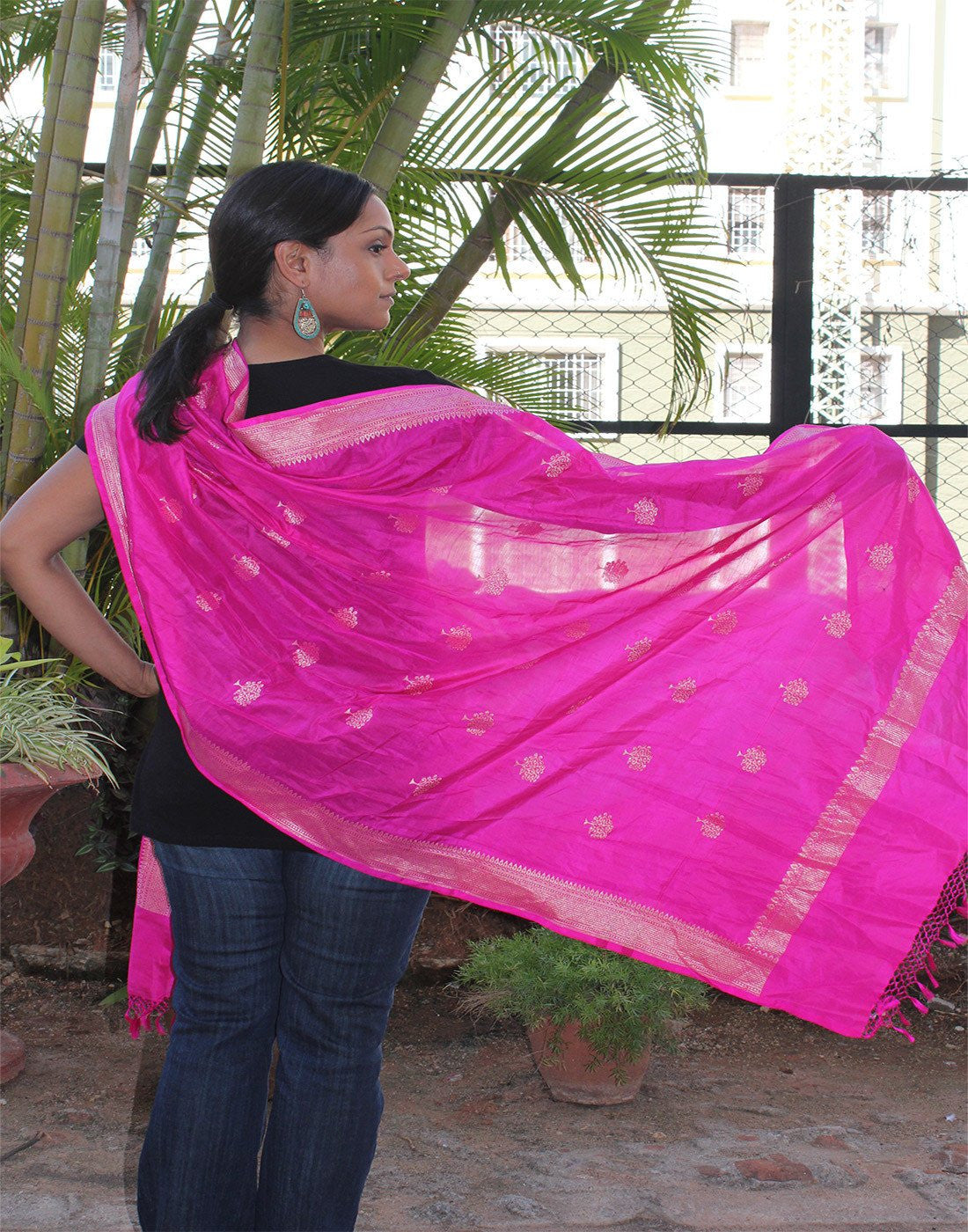 Hot Pink Banarasi Dupion Dupatta with small buttis