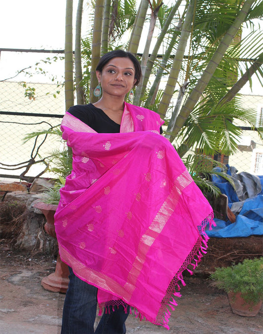 Hot Pink Banarasi Dupion Dupatta with small buttis