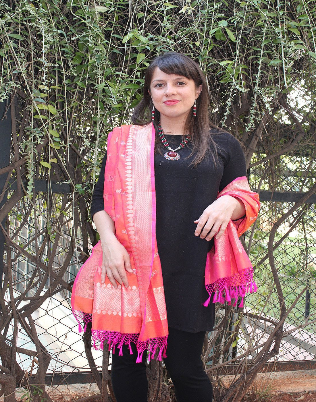 Orangeish Pink Banarasi Dupion Dupatta with small buttis