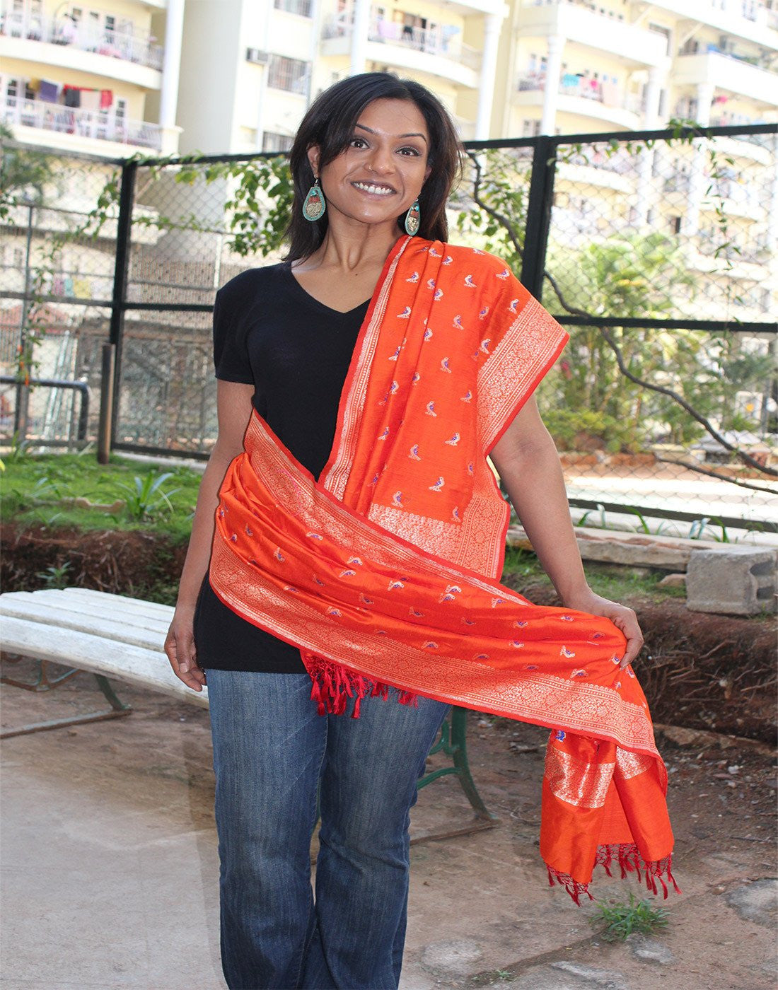 Orange Banarasi Dupion Dupatta with small buttis