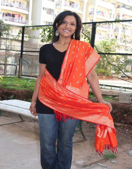 Orange Banarasi Dupion Dupatta with small buttis