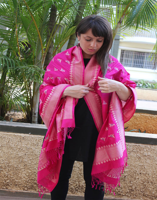 Pink Banarasi Dupion Dupatta with small buttis