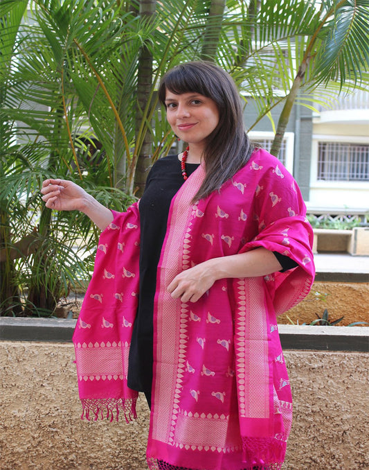 Pink Banarasi Dupion Dupatta with small buttis