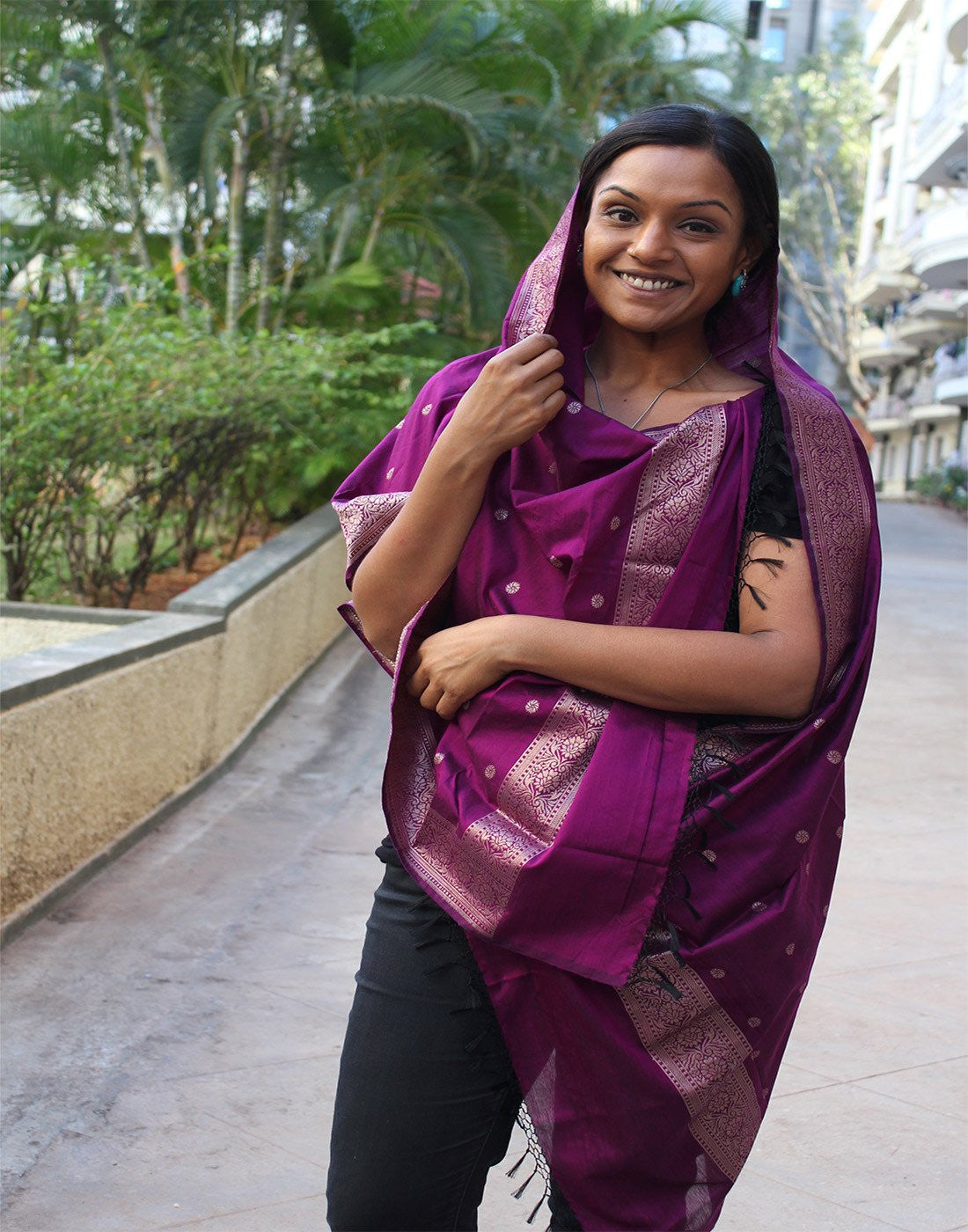 Purple Banarasi Dupion Dupatta with small buttis