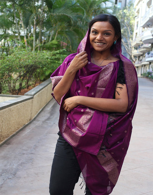 Purple Banarasi Dupion Dupatta with small buttis