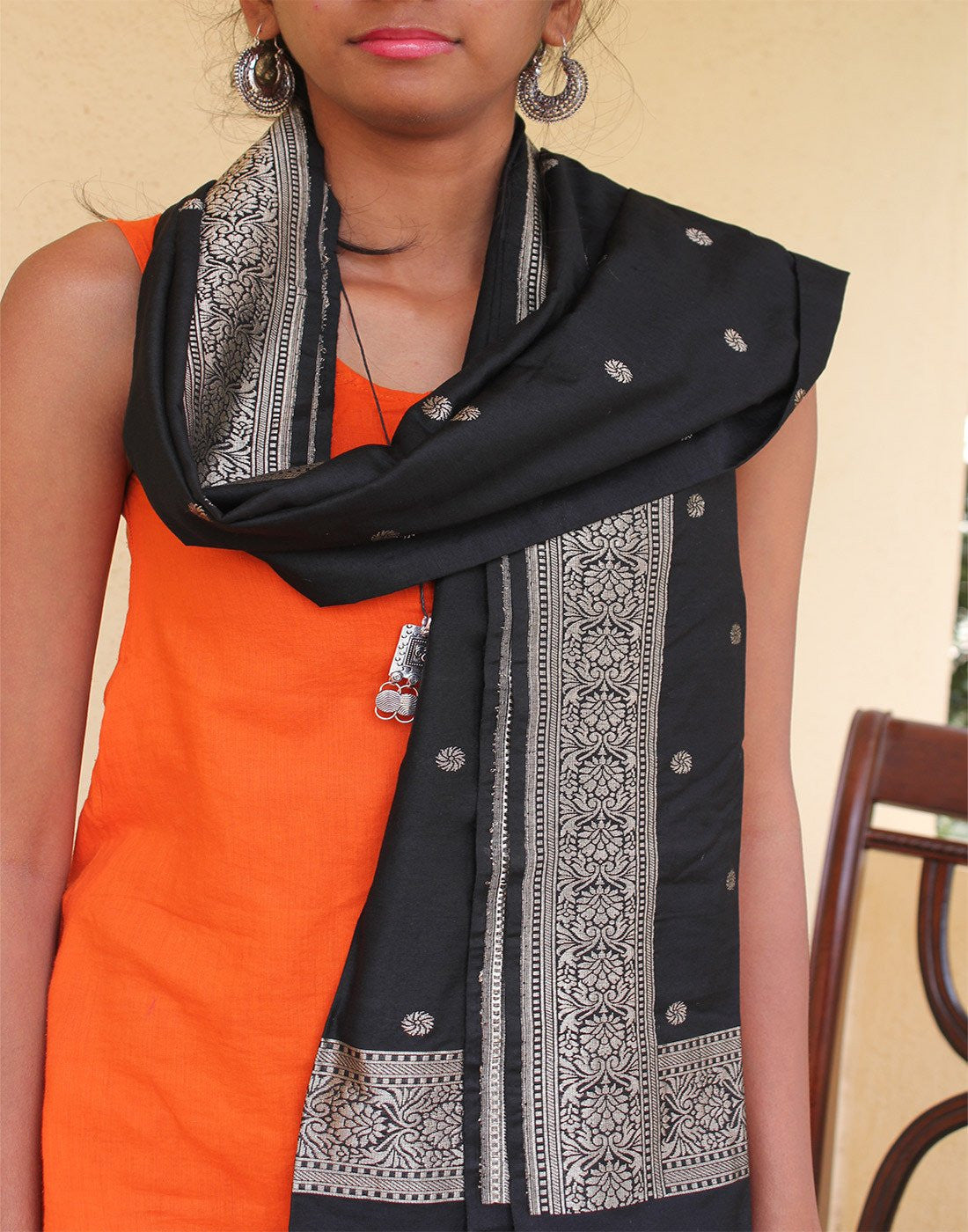 Black Banarasi Dupion Stole with small buttis