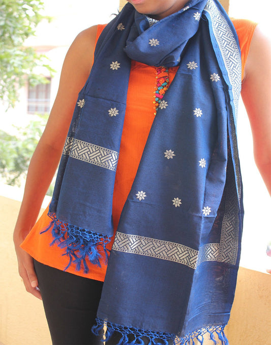 Blue Banarasi Dupion Stole with small buttis