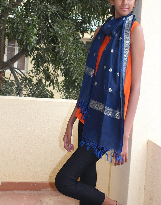 Blue Banarasi Dupion Stole with small buttis