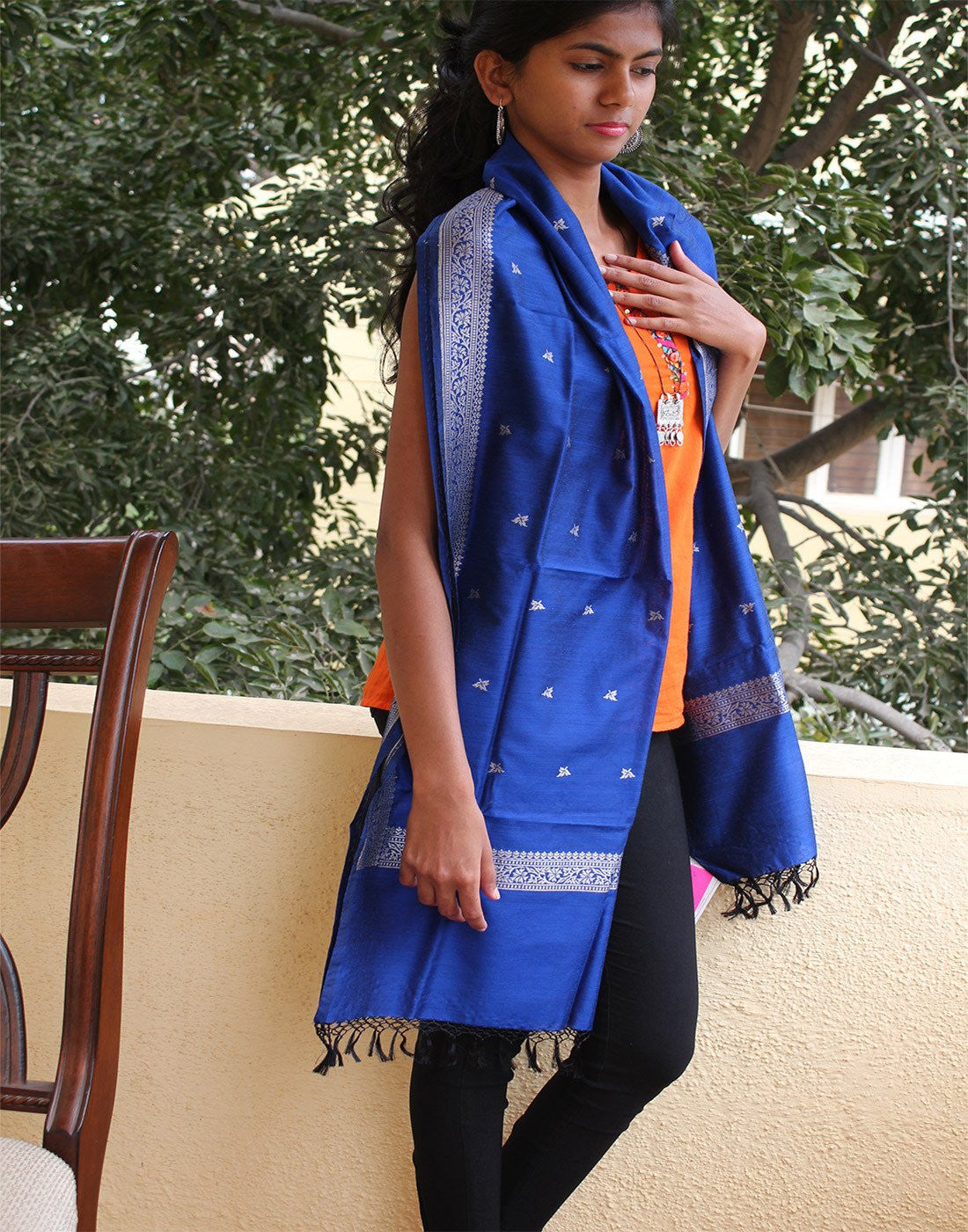 Blue Banarasi Dupion Stole with small buttis