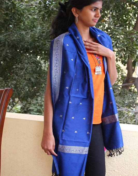 Blue Banarasi Dupion Stole with small buttis