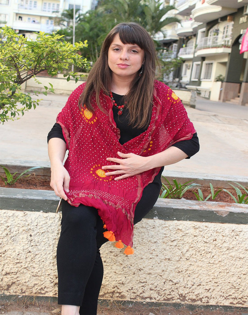 Red Kutch Silk Stole with small buttis