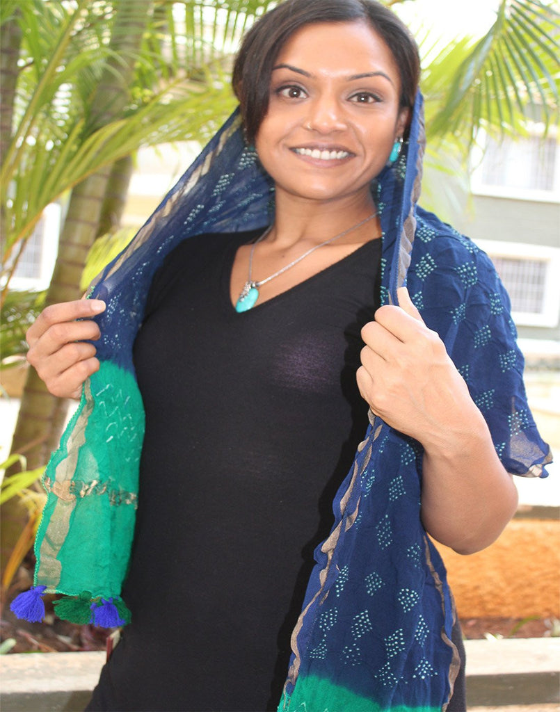 Blue  Kutch Silk Stole with small buttis
