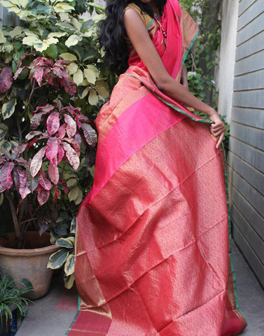 Pink  Banaras silk cotton saree