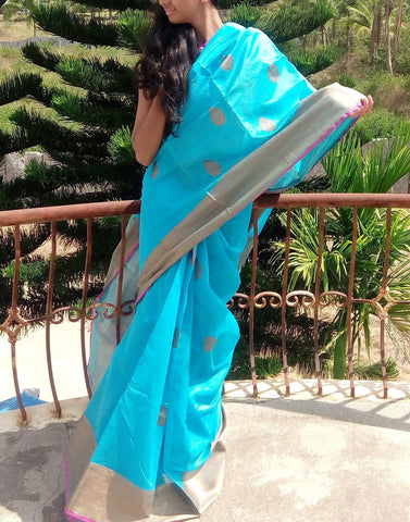 Sky Blue  Banaras silk cotton saree