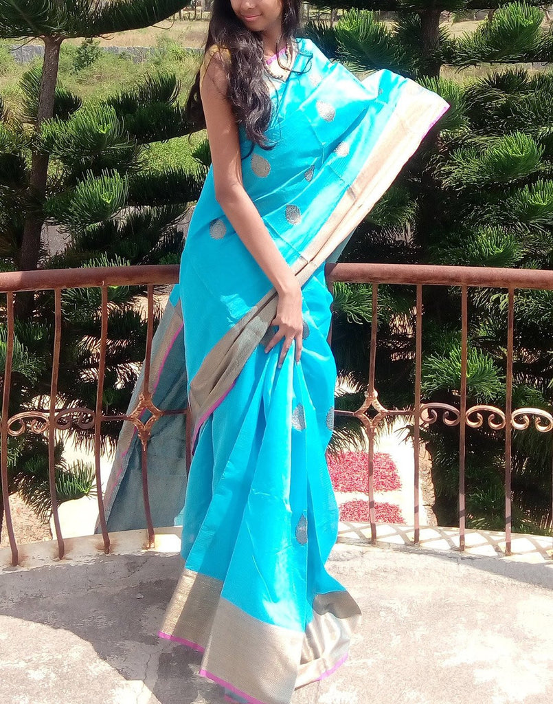 Sky Blue  Banaras silk cotton saree