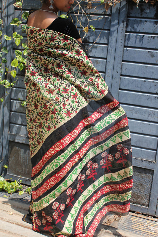 Bagru Woven Chanderi Saree