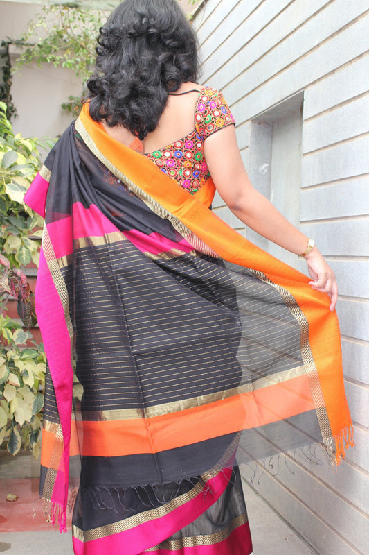 Charcoal Black Maheshwari handwoven saree