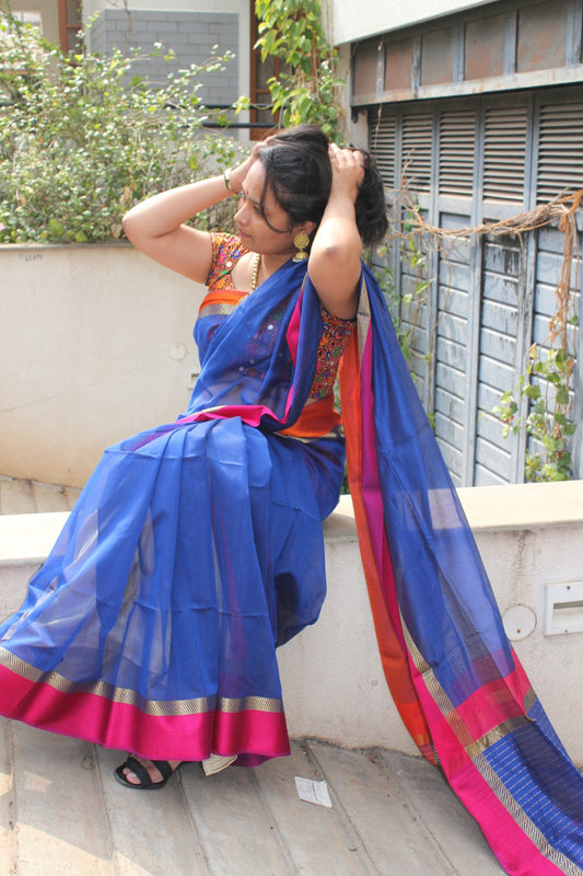 Cobolt Blue Maheshwari handwoven saree