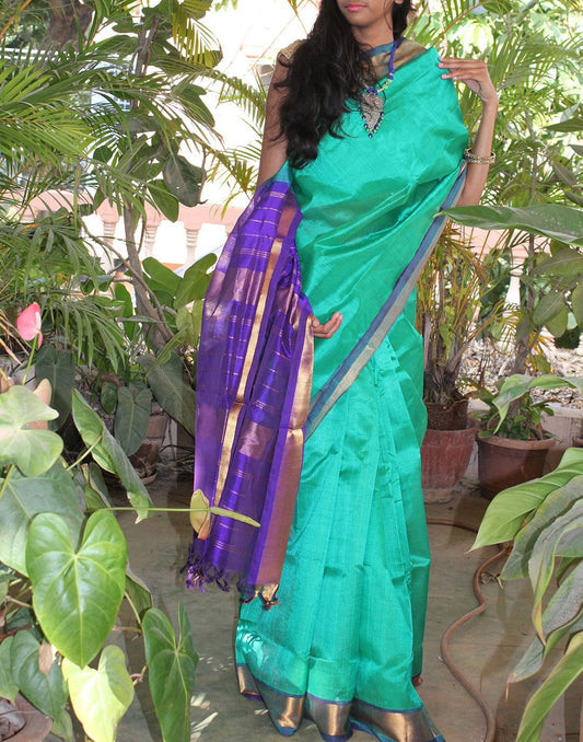 Turquoise Green Kanchi Silk Cotton Saree