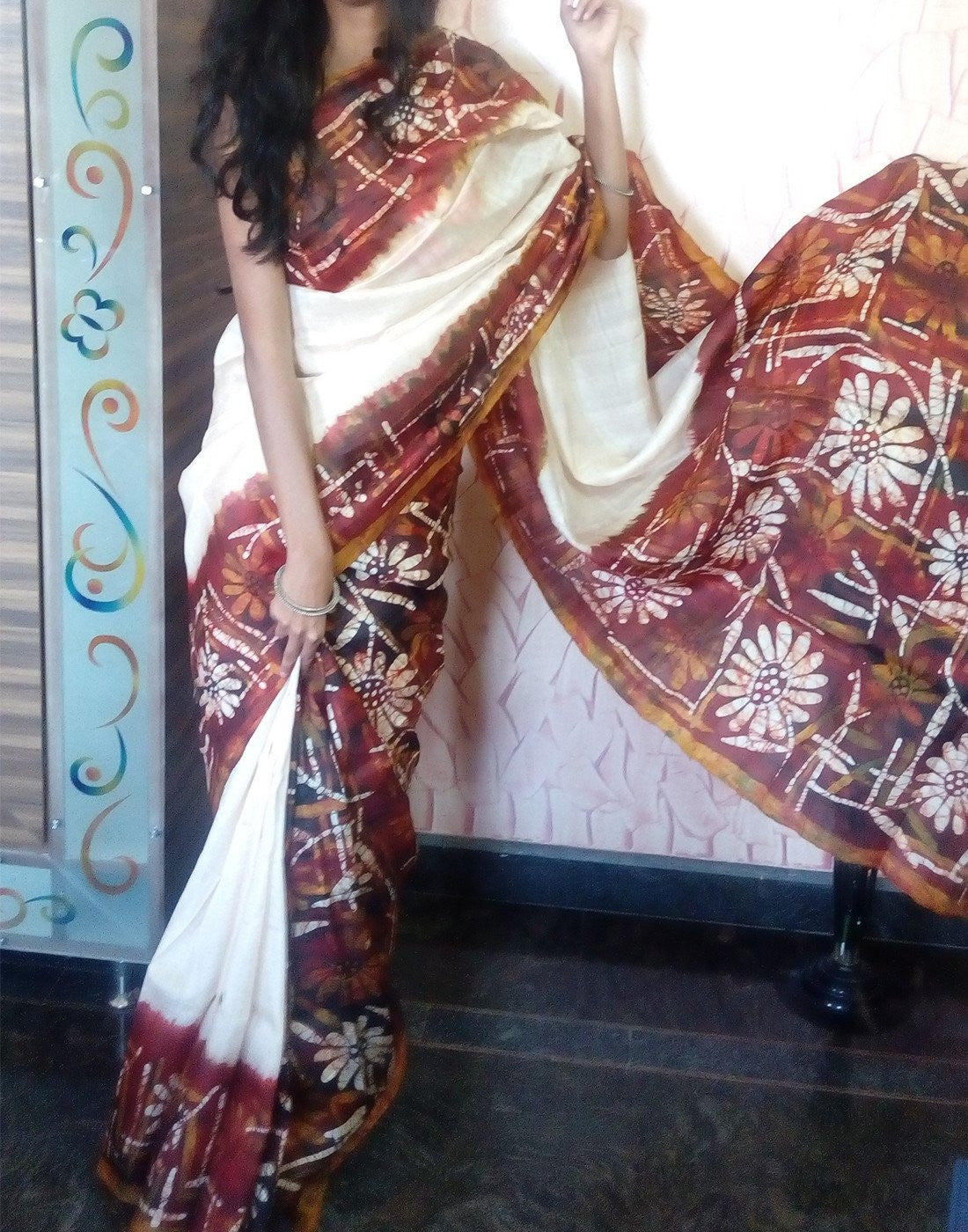 White Handpainted Bishnupuri Silk Saree