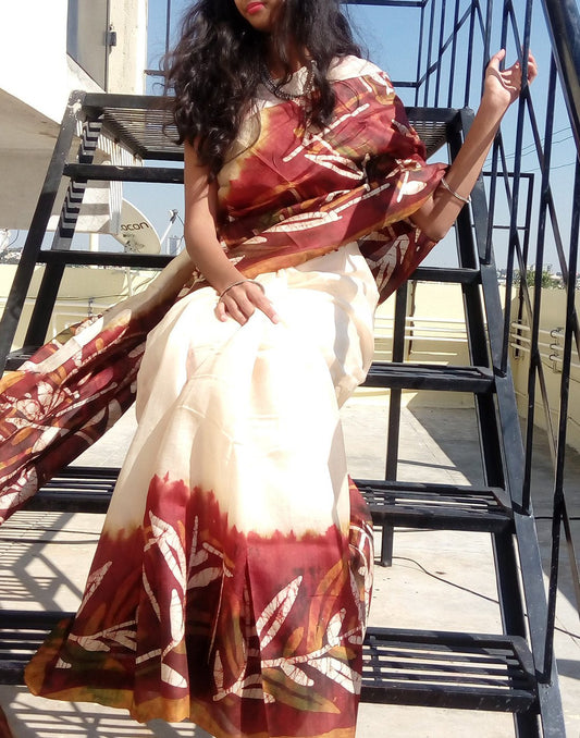 Cream Handpainted Bishnupuri Silk Saree