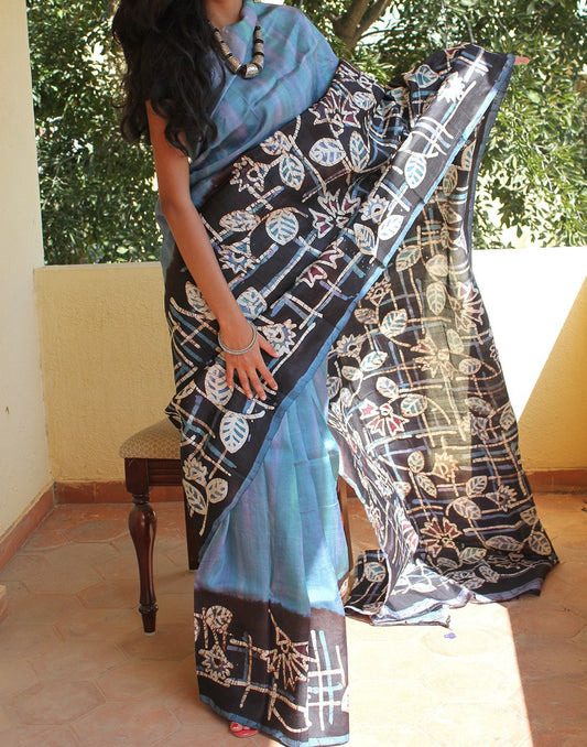 Navy Blue Handpainted Bishnupuri Silk Saree