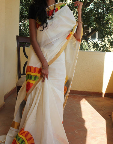 Kerala Kasavu Handpainted Cotton Saree