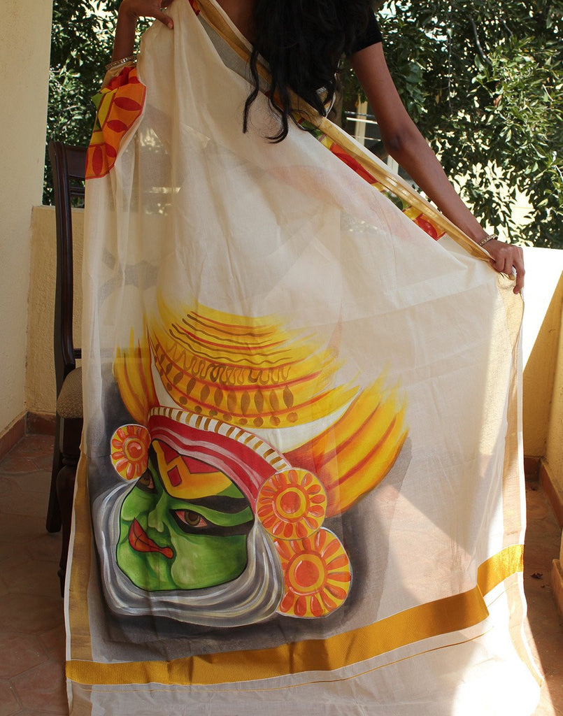 Kerala Kasavu Handpainted Cotton Saree