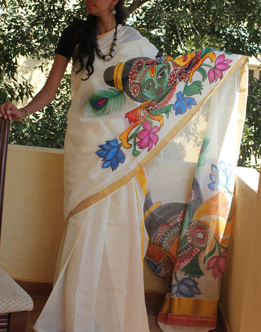 Kerala Kasavu Handpainted Cotton Saree