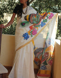 Kerala Kasavu Handpainted Cotton Saree