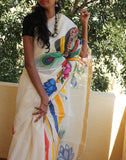 Kerala Kasavu Handpainted Cotton Saree