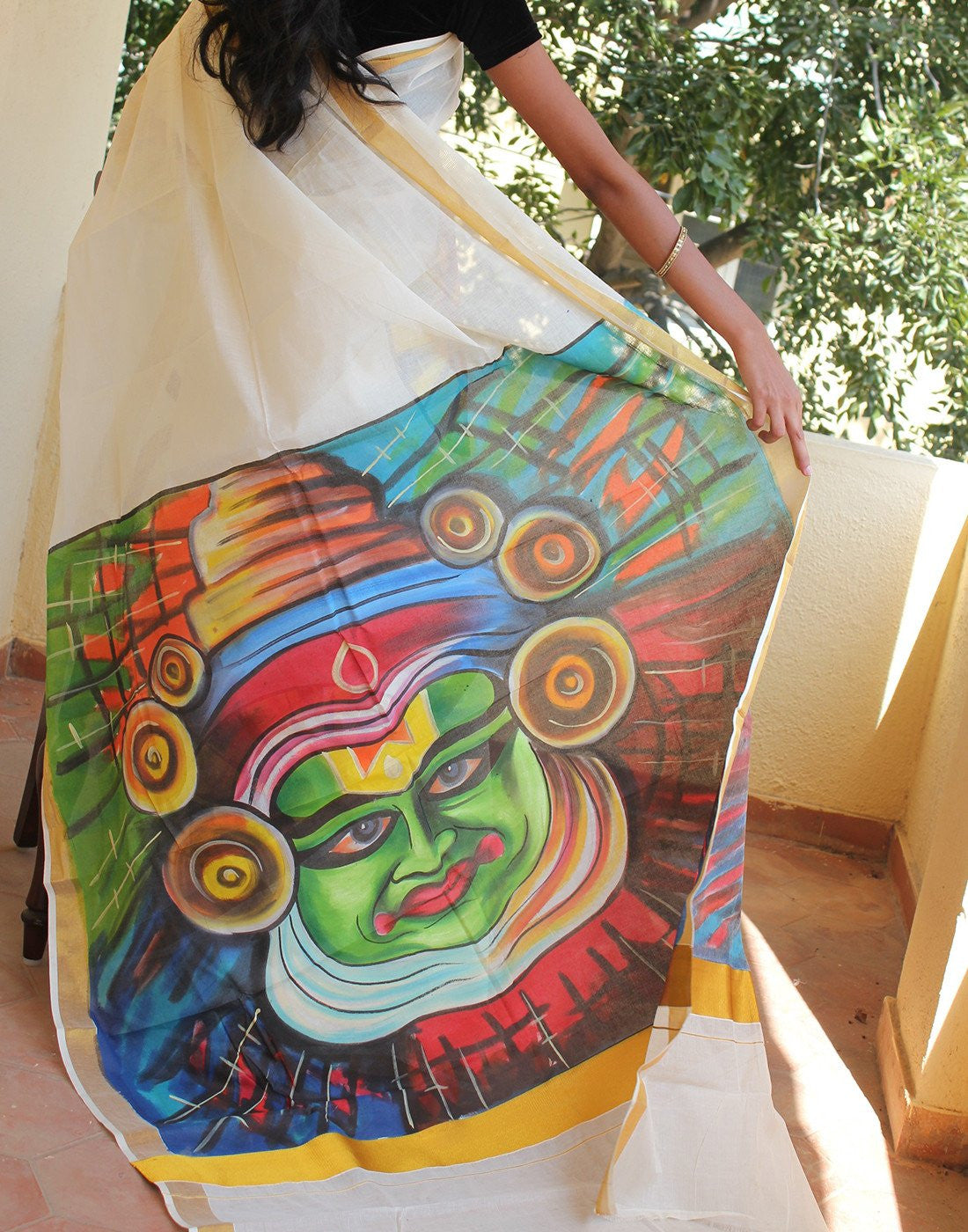 Kerala Kasavu Handpainted Cotton Saree