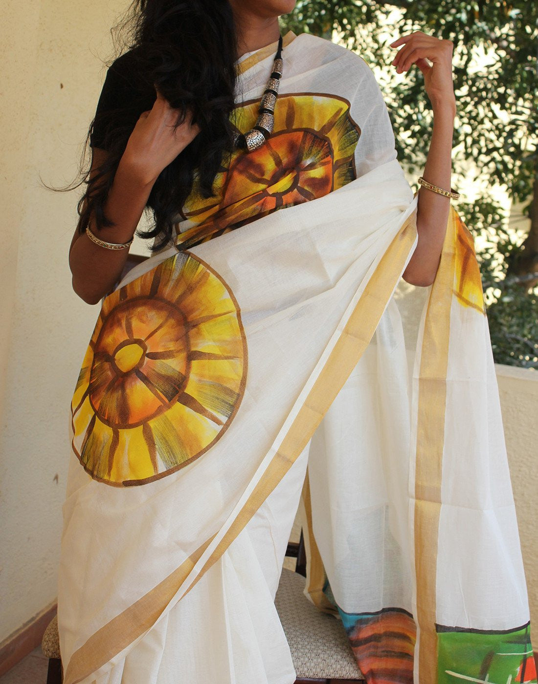 Kerala Kasavu Handpainted Cotton Saree