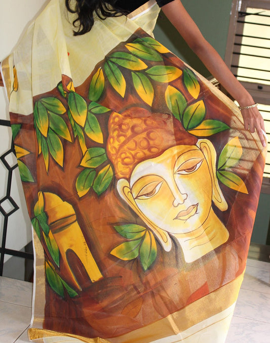 Kerala Kasavu Handpainted Cotton Saree