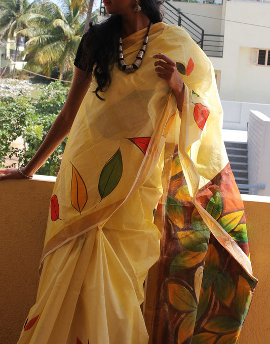 Kerala Kasavu Handpainted Cotton Saree