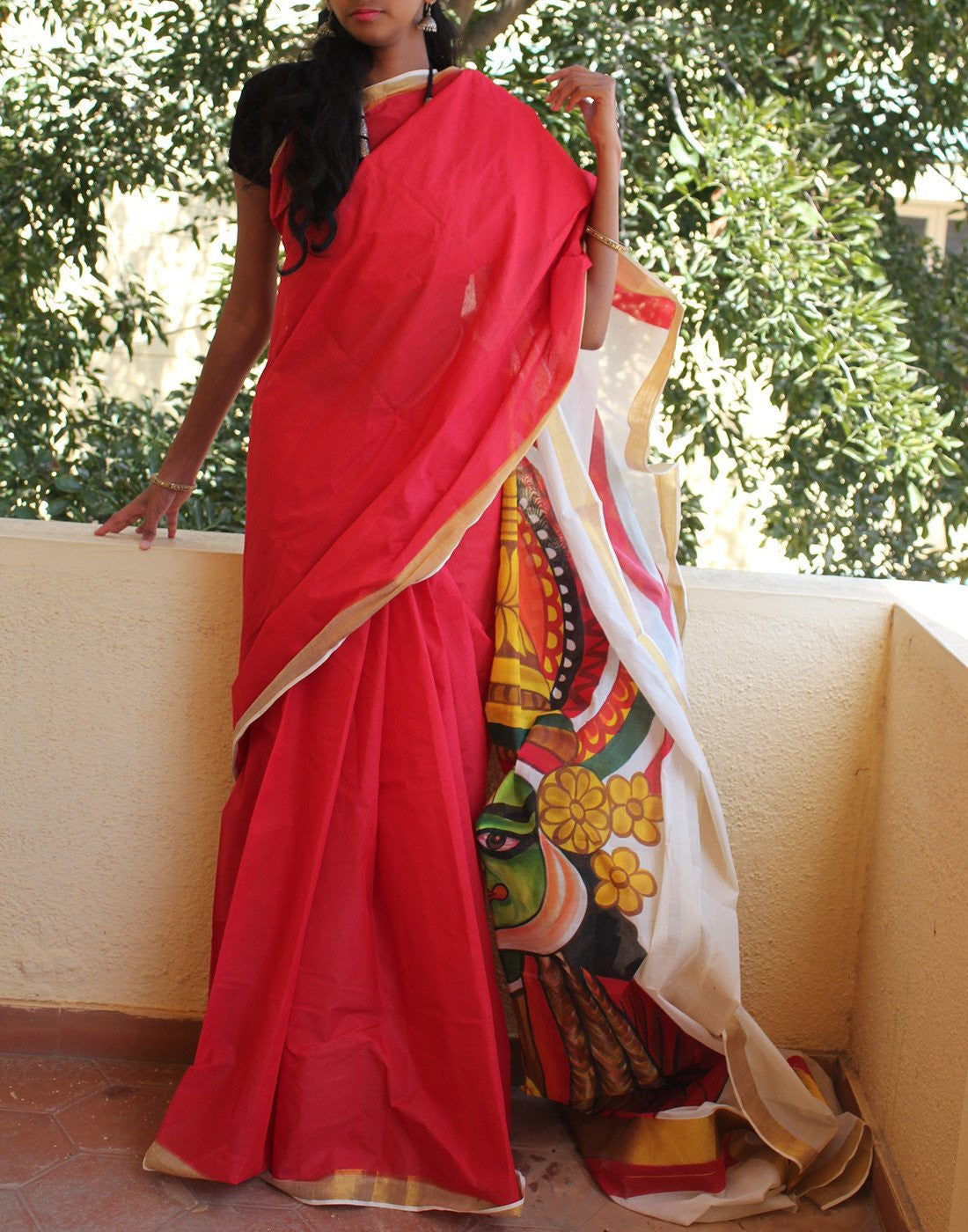 Red Kerala Kasavu Handpainted Cotton Saree