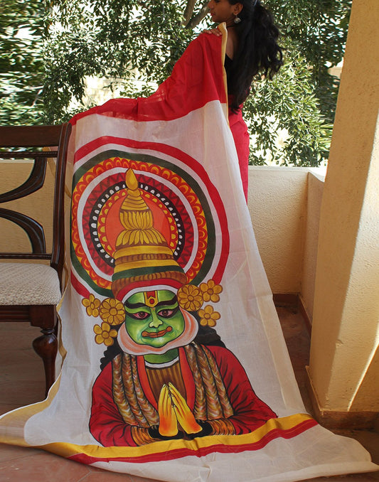 Red Kerala Kasavu Handpainted Cotton Saree