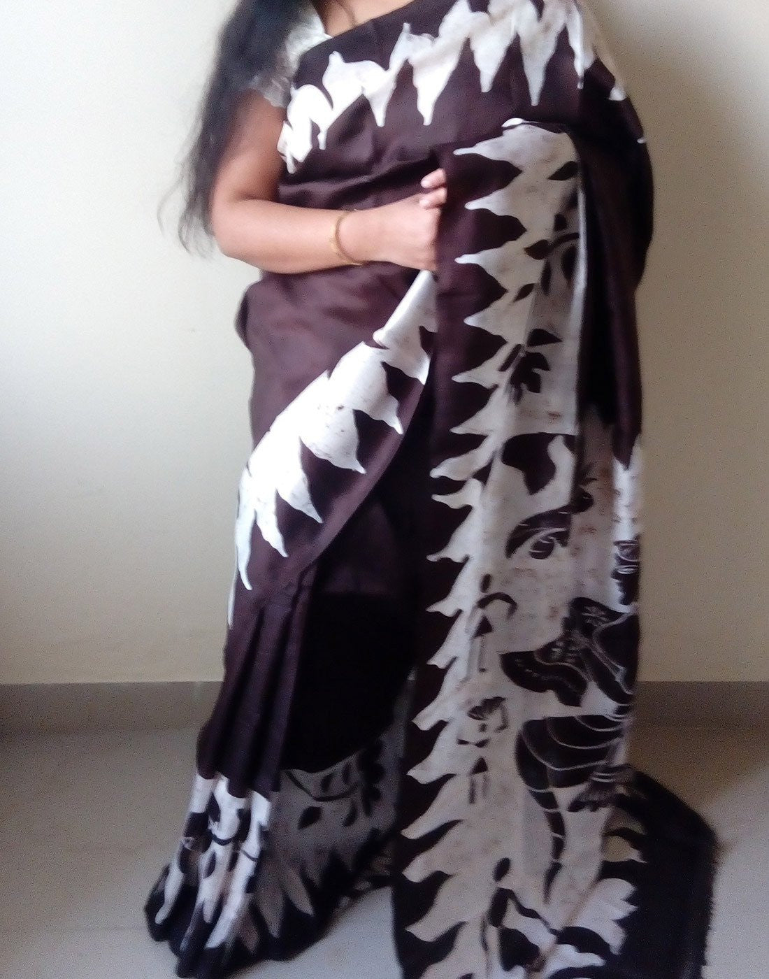 Coffee Handpainted Bishnupuri Silk Saree