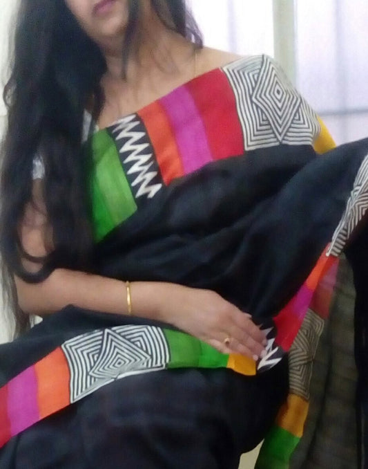 Geometric Art Handpainted Bishnupuri Silk Saree