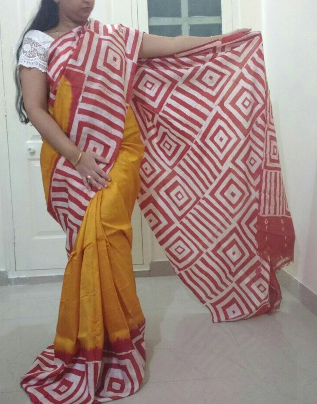 Mustred Handpainted Bishnupuri Silk Saree