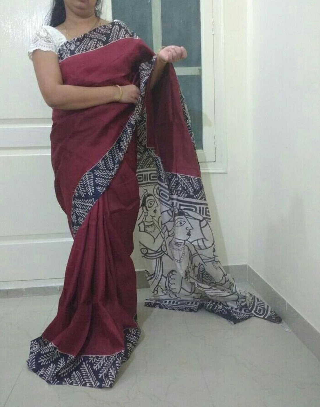 Maroon Handpainted Bishnupuri Silk Saree