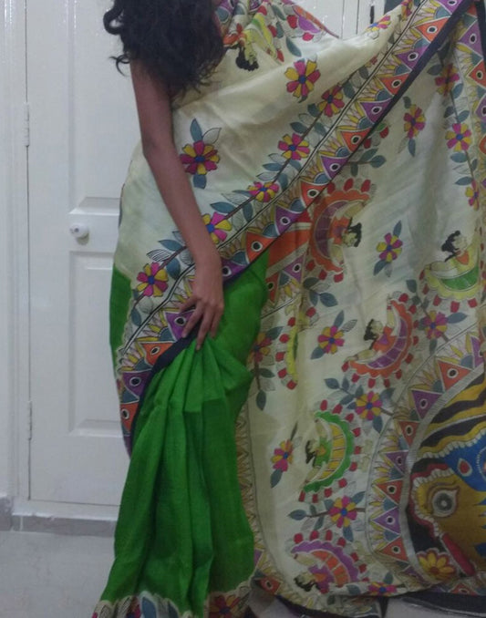 Madhubani Handpainted Bishnupuri Silk Saree