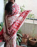 Red And White Handpainted Bishnupuri Silk Saree