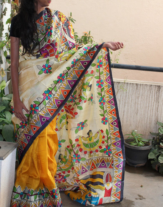 Madhubani Handpainted Bishnupuri Silk Saree