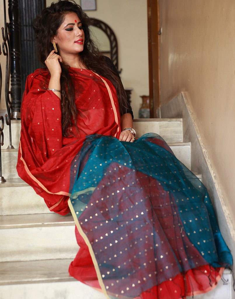 Beautiful Red Bengal Ahinsa Silk Saree