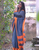 Grey And Orange Cotton Silk Saree