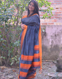 Grey And Orange Cotton Silk Saree