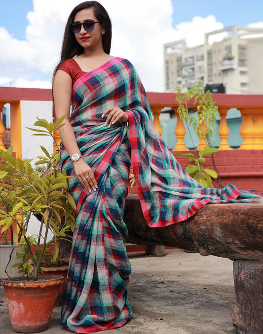 Checked Linen Saree