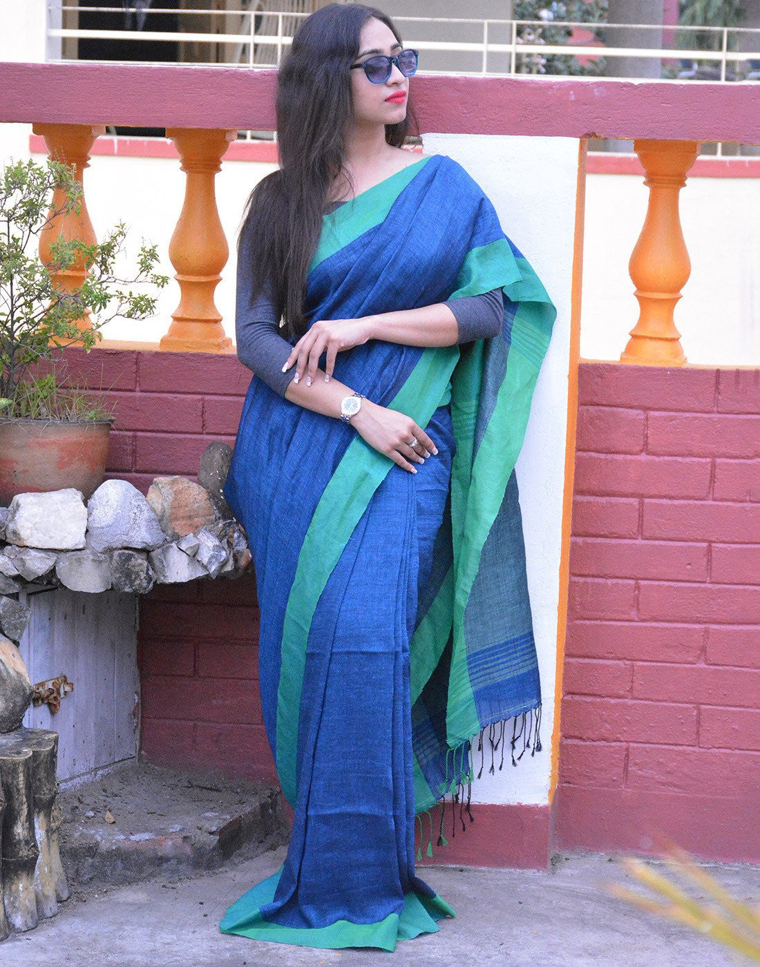 Royal Blue Pure Linen Saree